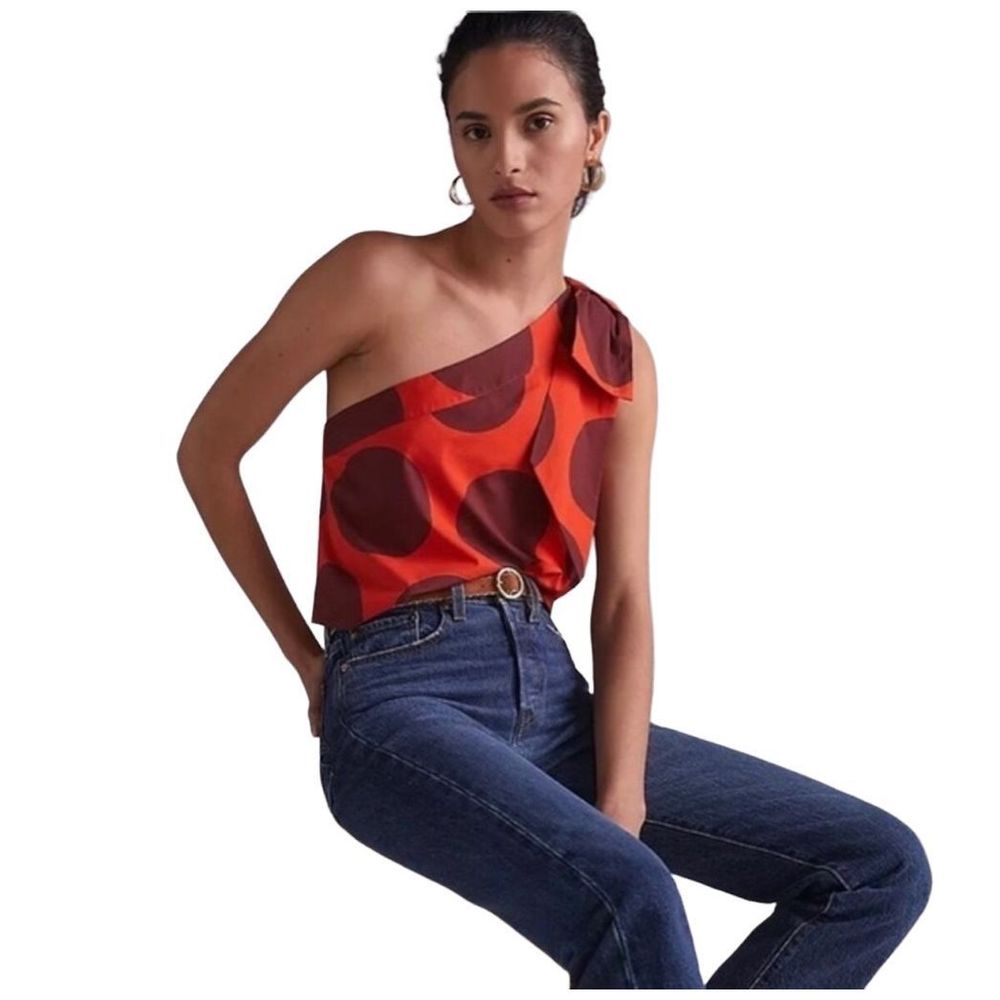 Farm Rio x Anthropologie One Shoulder Bow Polka Dot Cotton Shirt, Size Large